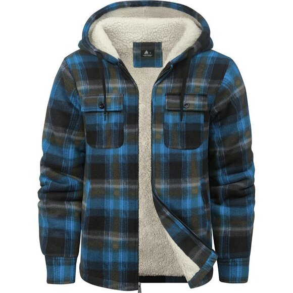 Other - Men's Blue Yellow Fleece Sherpa Lined Plaid Jackets Full Zip Up Hoodie Outwear